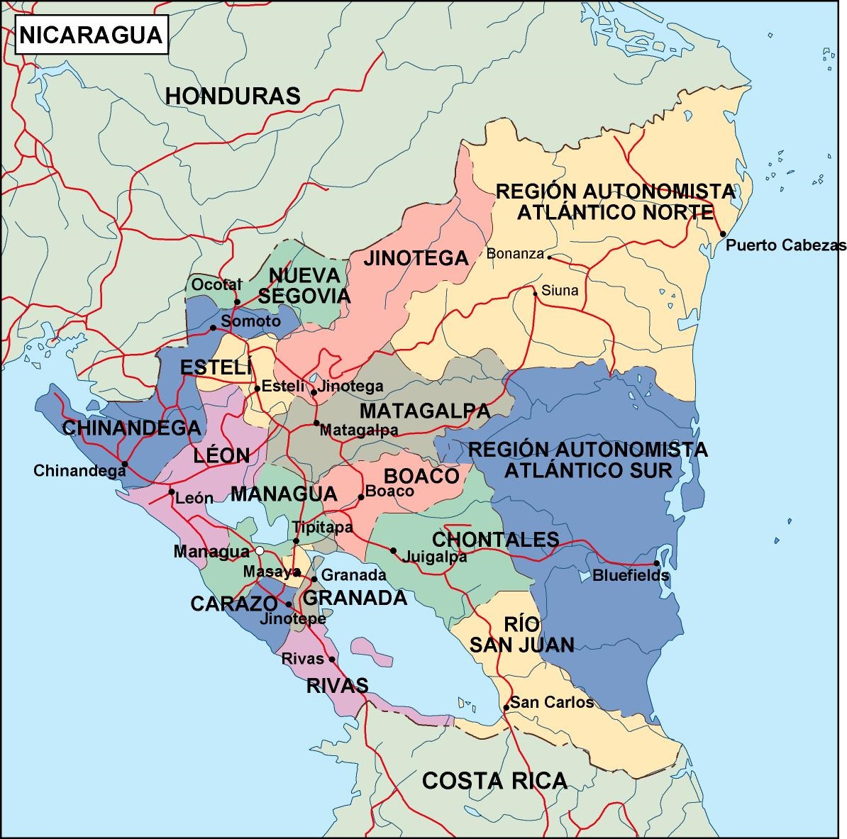 El Mapa Detallado De Nicaragua Con Las Regiones O Estados Y Ciudades
