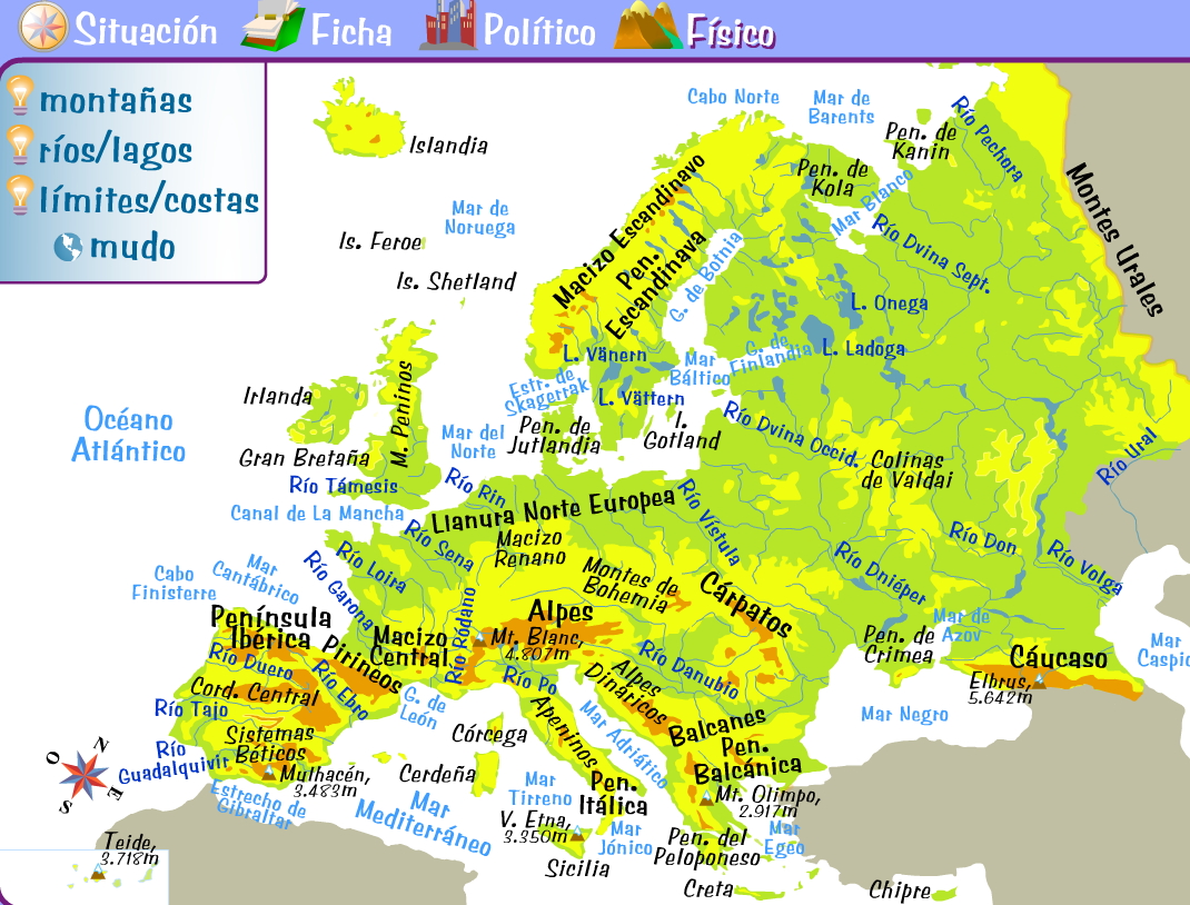 Información e imágenes con Mapas de Europa Fisico, Político y para Colorear