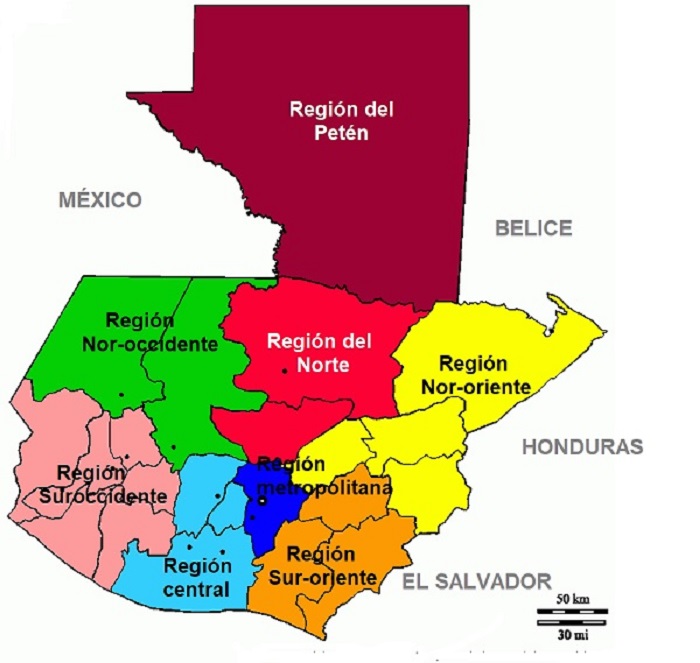Mapa de Guatemala con regiones.